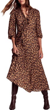 Boden Leopard Print Tie Neck Midi Dress