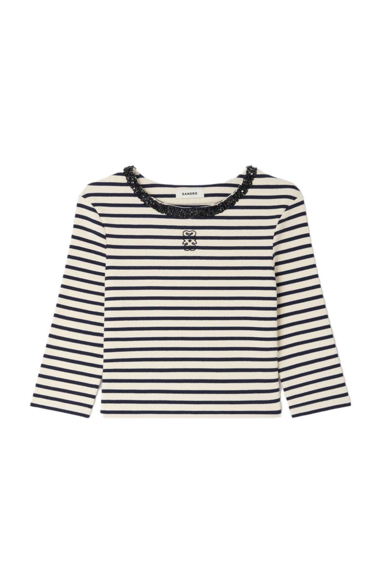 SANDRO Short striped tee with beaded collar, Alternate, color, Navy Blue