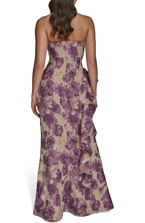 Donna Karan New York Floral Ruffle Strapless Jacquard Trumpet Gown In Purple