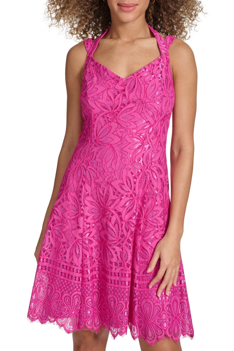 Corded Lace Halter Cocktail Minidress, Alternate, color, FUCHSIA