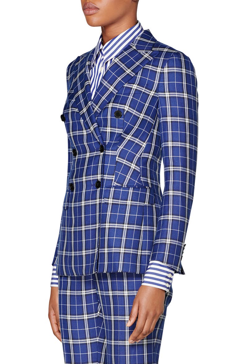 Cameron Double Breasted Silk & Cotton Jacket, Alternate, color, BLUE CHECK