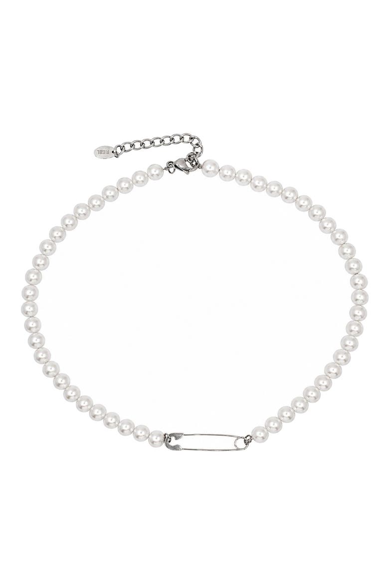 Safety Pin Pendant Faux Pearl Necklace, Alternate, color, WHITE