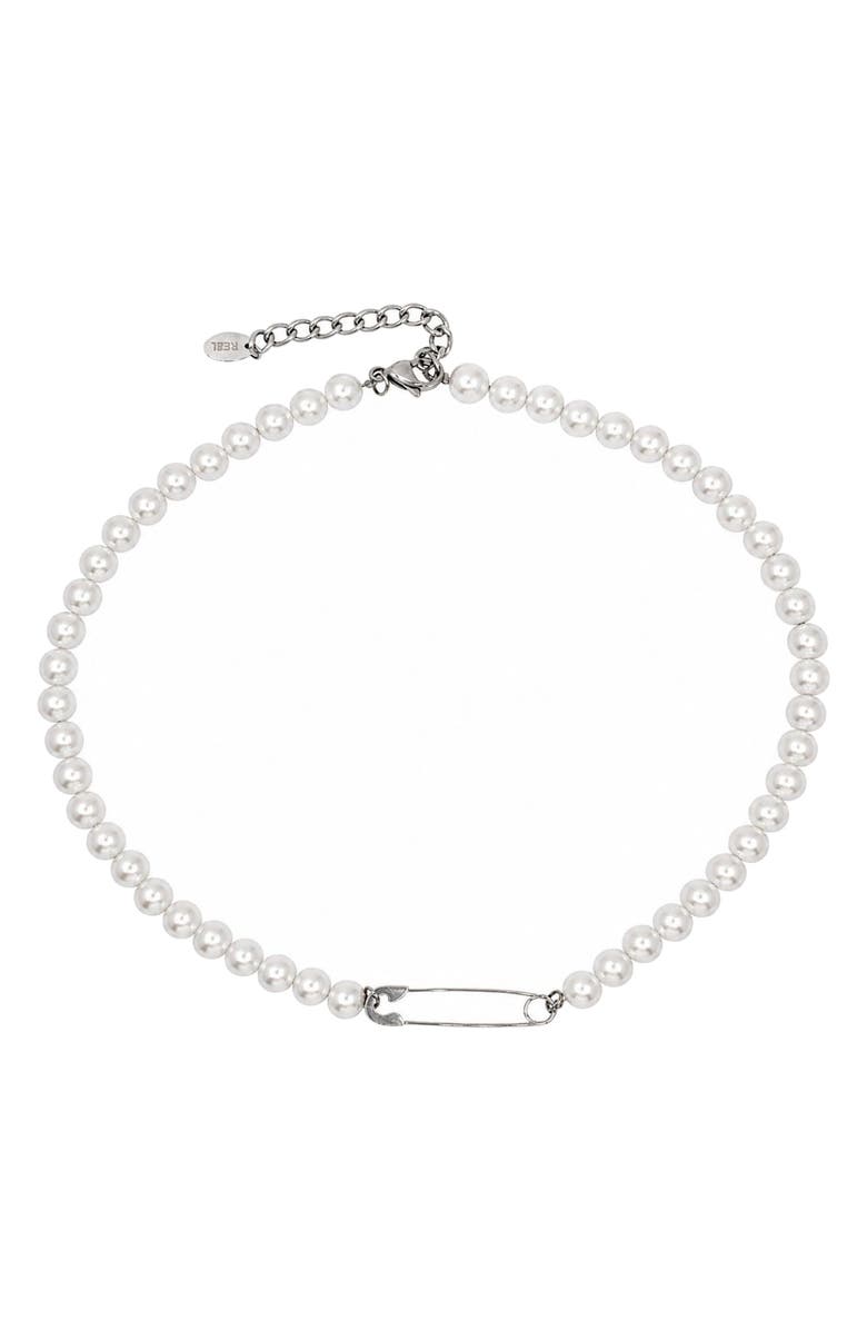 REBL Safety Pin Pendant Faux Pearl Necklace, Alternate, color, 