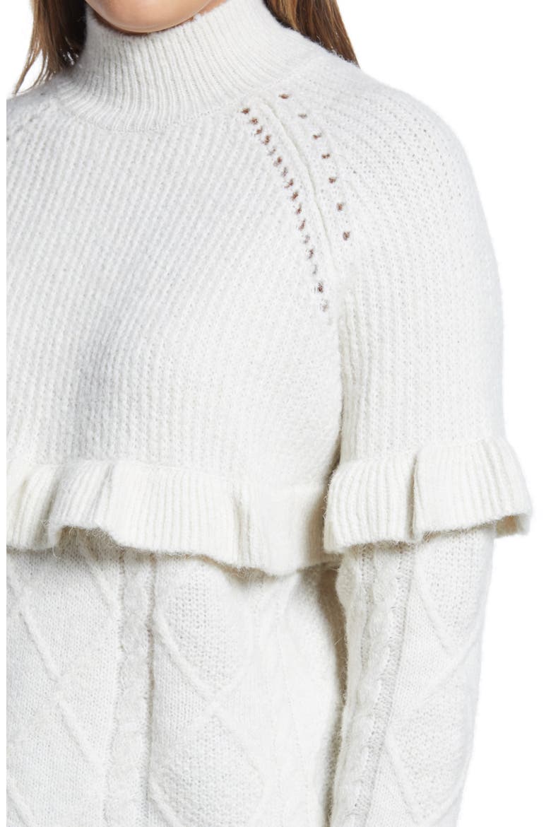 Mock Neck Pointelle Knit & Ruffle Trim Sweater, Alternate, color, BIRCH