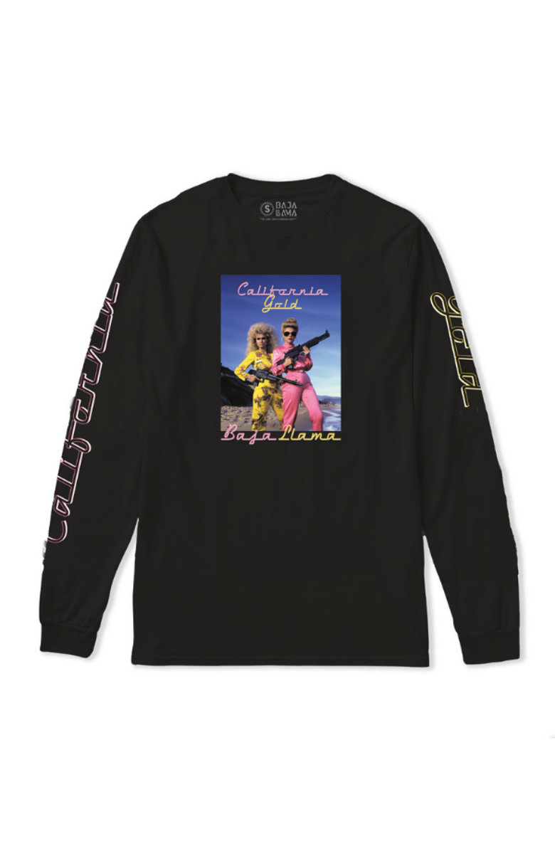 Baja Llama California Gold - Long Sleeve Primo Graphic Tee, Main, color, Black