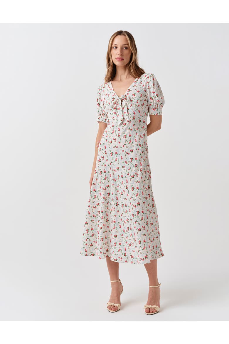 Dorothy Tie V-Neck Crepe Midi Dress, Main, color, Ivory Ditsy