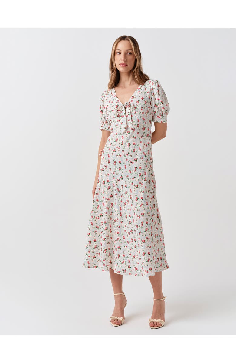 Ghost London Dorothy Tie V-Neck Crepe Midi Dress, Main, color, Ivory Ditsy