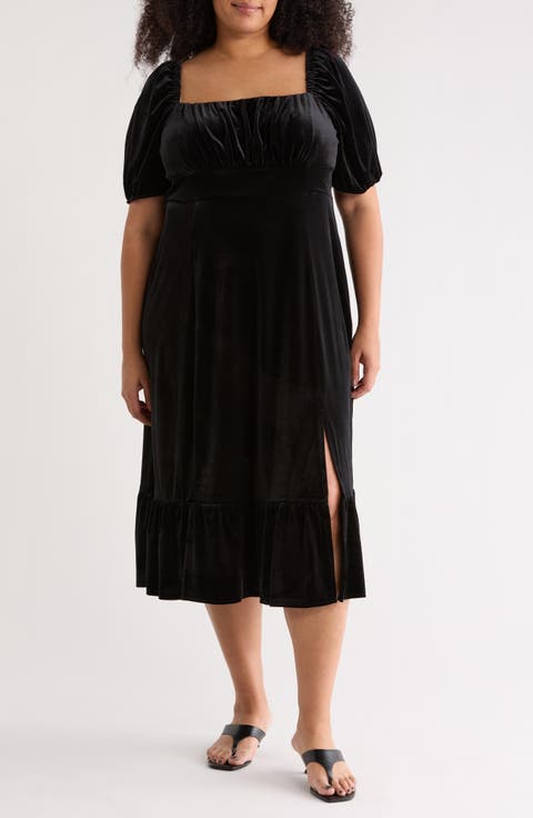 Square Neck Puff Sleeve Empire Waist Dress (Plus)