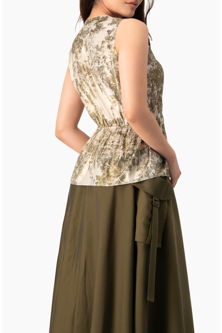Sleeveless Peplum Blouse in Abstract Botanical Print, Alternate, color, Olive Green