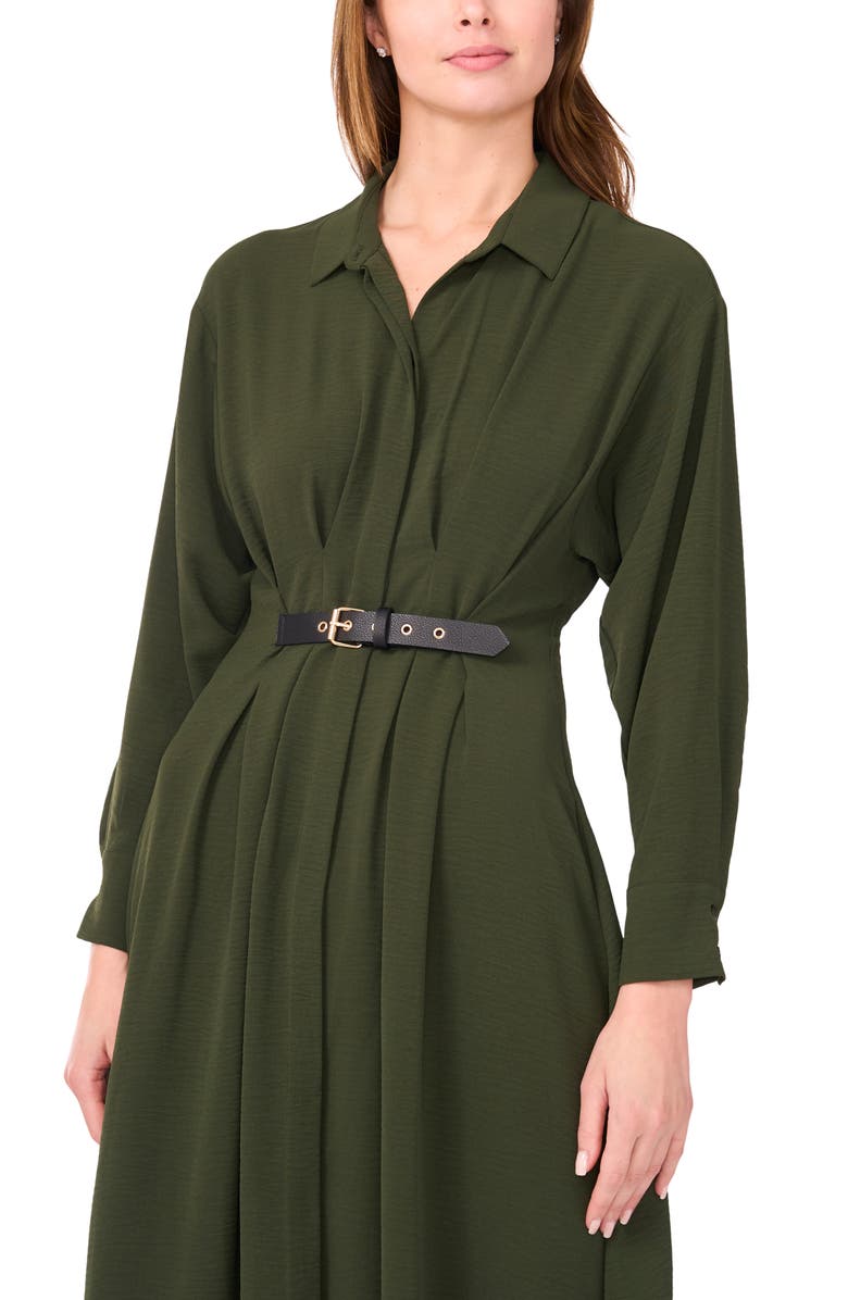Halogen<sup>®</sup> Pleated Long Sleeve Belted Waist Midi Shirtdress, Alternate, color, Kombu Green