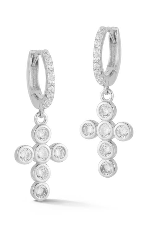 Sterling Silver Cross Huggie Hoop Earrings