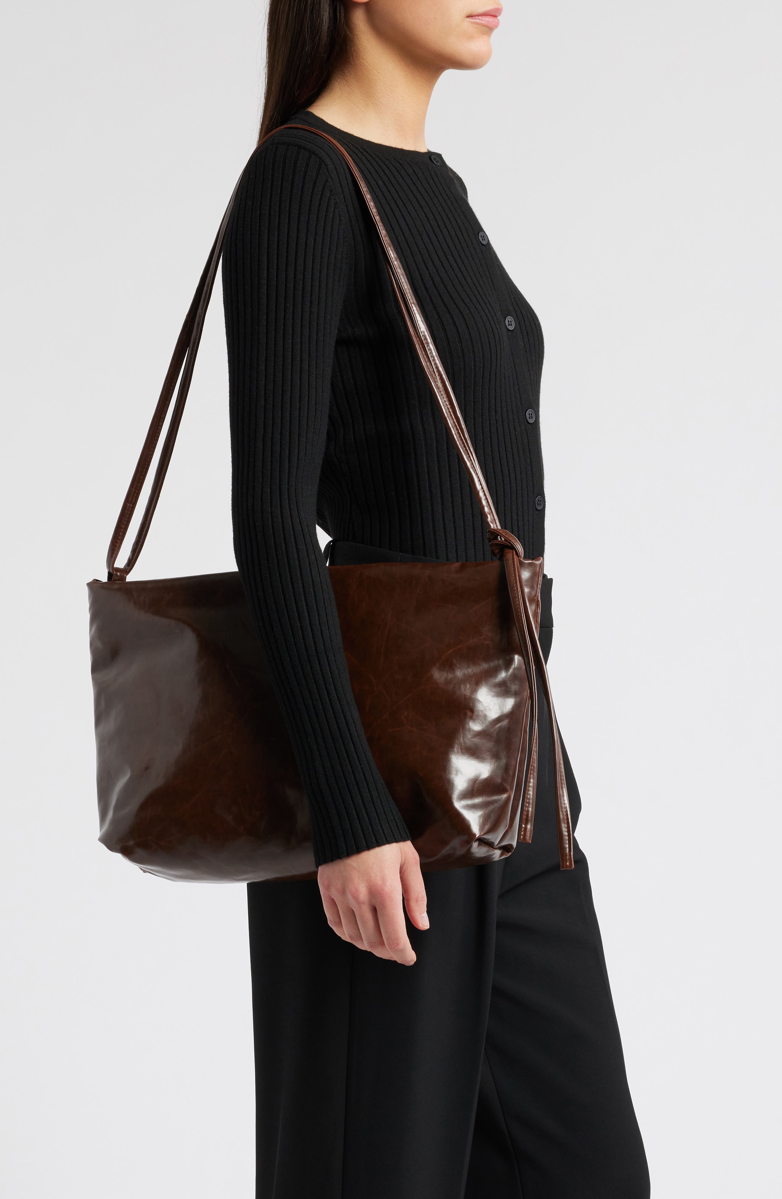 Loop Skai Lacquered Shoulder Bag, Alternate, color, DARK BROWN 0057