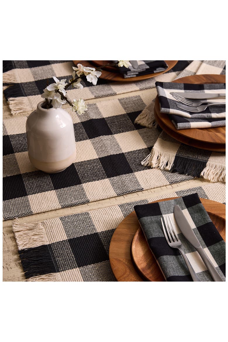 Checkered Fringe Cotton Table Runner, Alternate, color, BLACK