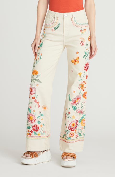 Charlee Wide Leg Jeans (Cream Gardenia Dreams)