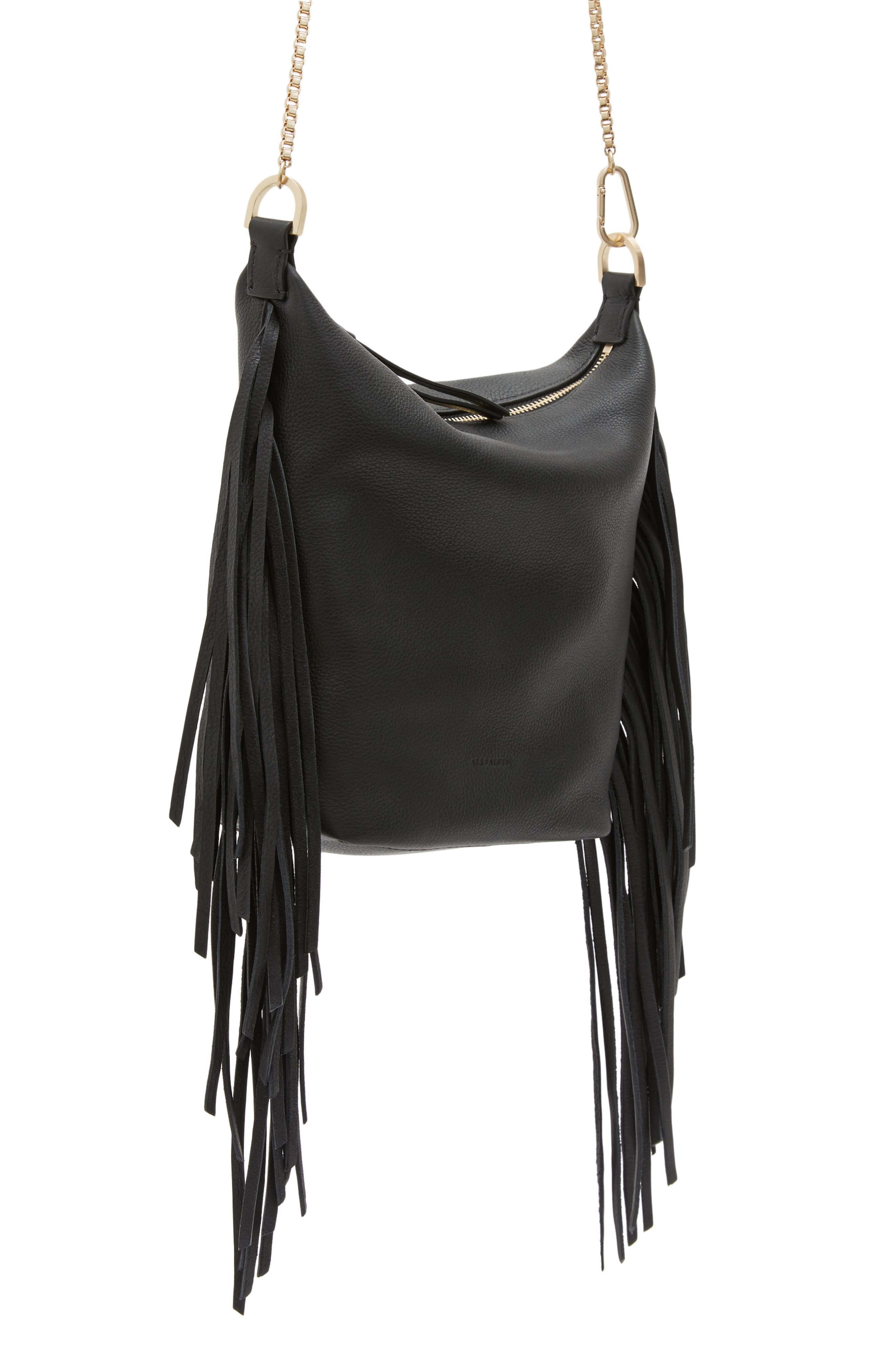 AllSaints Evaline Fringe Leather Crossbody Bag, Main, color, 