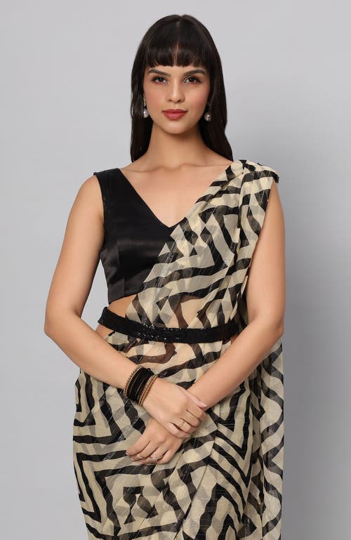 ONE MINUTE SAREE® ONE MINUTE SAREE® MAYA CREAM & BLACK ZIGZAG GEORGETTE READY TO WEAR ONE MINUTE SAREE 