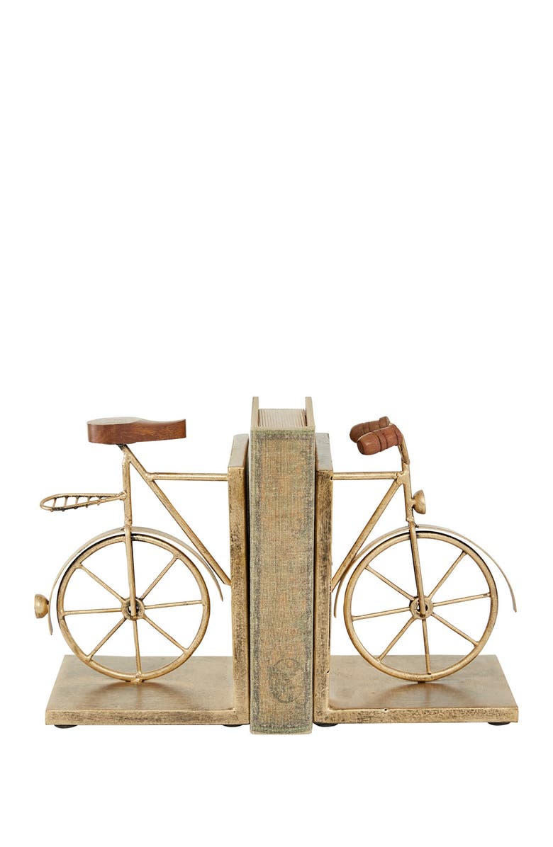 VIVIAN LUNE HOME Gold Metal Bike Bookends with Wood Accents - Set of 2, Alternate, color, 
