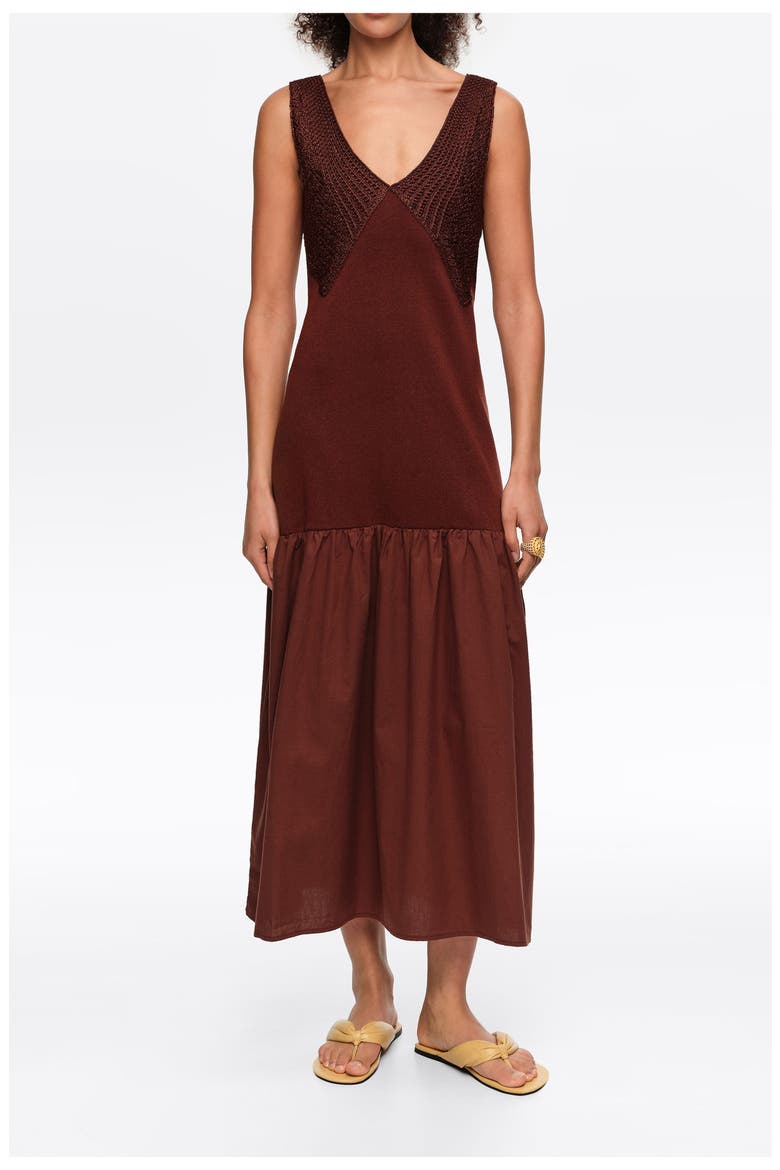 Two-Material A-Line Knit Dress, Main, color, BROWN