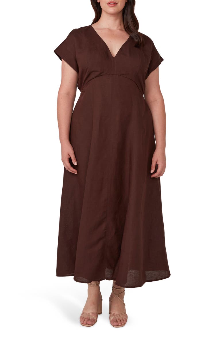 Aubrey Cutout Linen Blend Midi Dress, Main, color, CHOCOLATE
