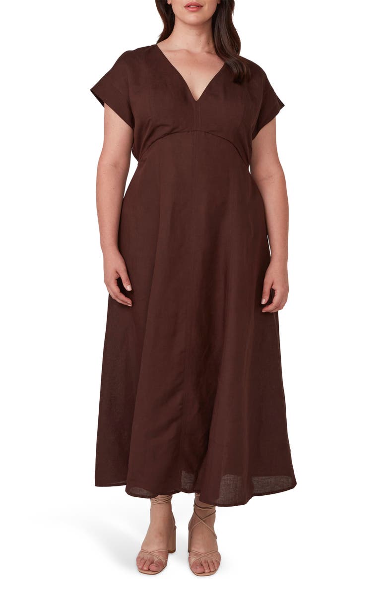 Estelle Aubrey Cutout Linen Blend Midi Dress, Main, color, Chocolate
