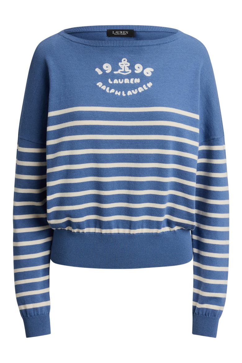 Striped Combed Cotton Boat Neck Sweater, Alternate, color, CARSON BLUE/ CREAM