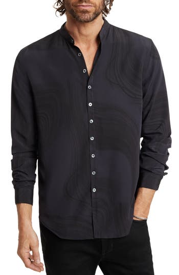 John Varvatos Estill Swirl Print Band Collar Shirt In Black