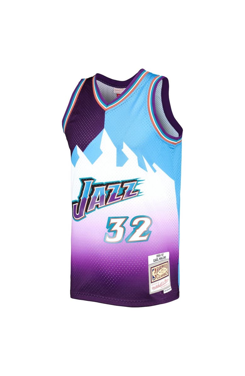 Mitchell & Ness Men's Mitchell & Ness Karl Malone Purple/Turquoise Utah Jazz Hardwood Classics 1996/97 Split Swingman Jersey, Alternate, color, 