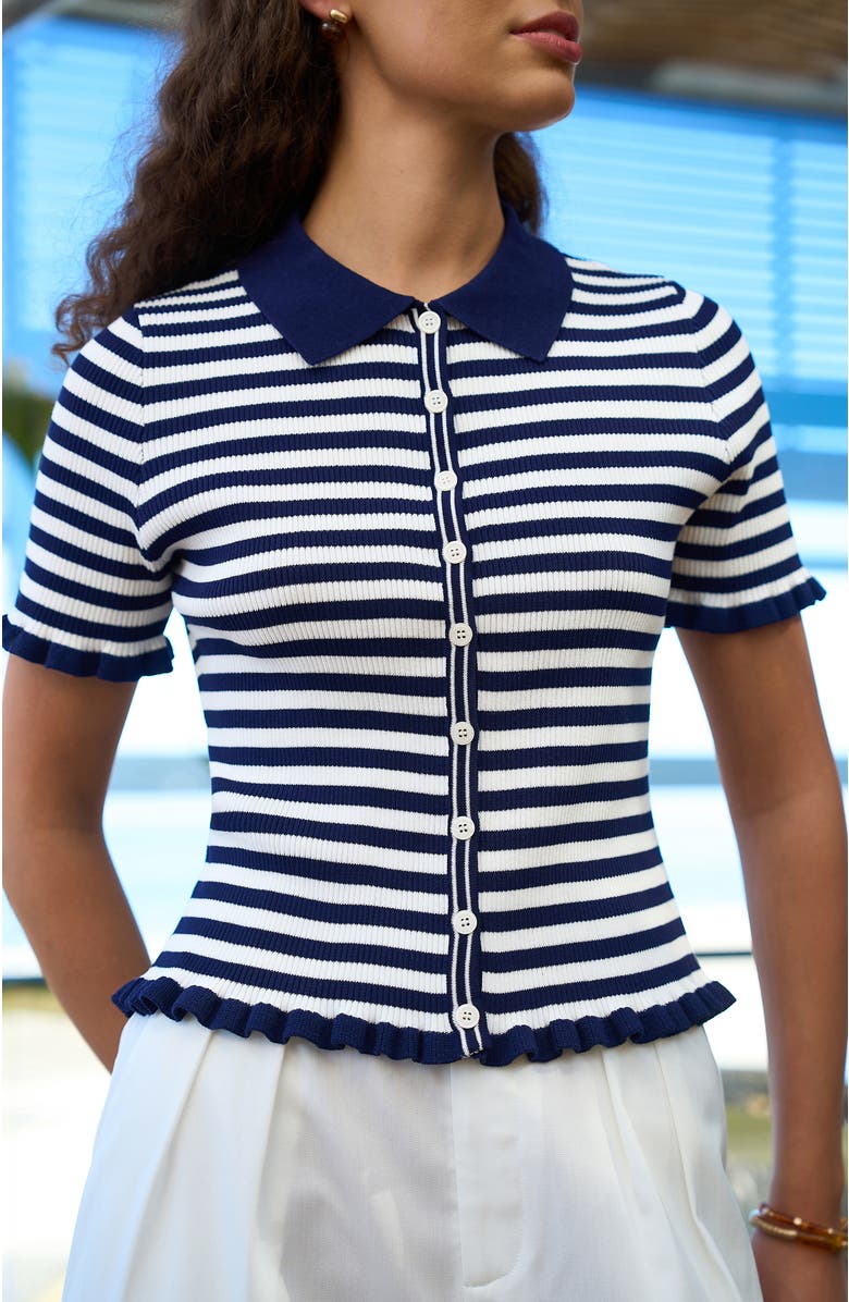 Yumi Nautical Striped Knitted Top, Alternate, color, Navy