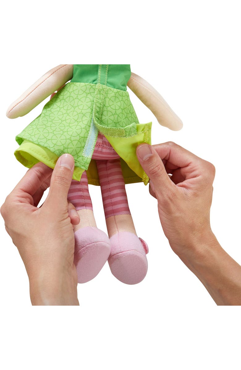 HABA 12" Soft Doll Mali with Blonde Hair and Blue Eyes, Soft Toddler Baby Dolls with Embroidered Face, Machine Washable Toddler Girl Toys for 18 mo+, Alternate, color, Green Multi