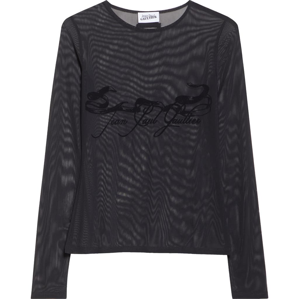 Shop Jean Paul Gaultier Flocked Velvet Tattoo Logo Mesh Top In Black