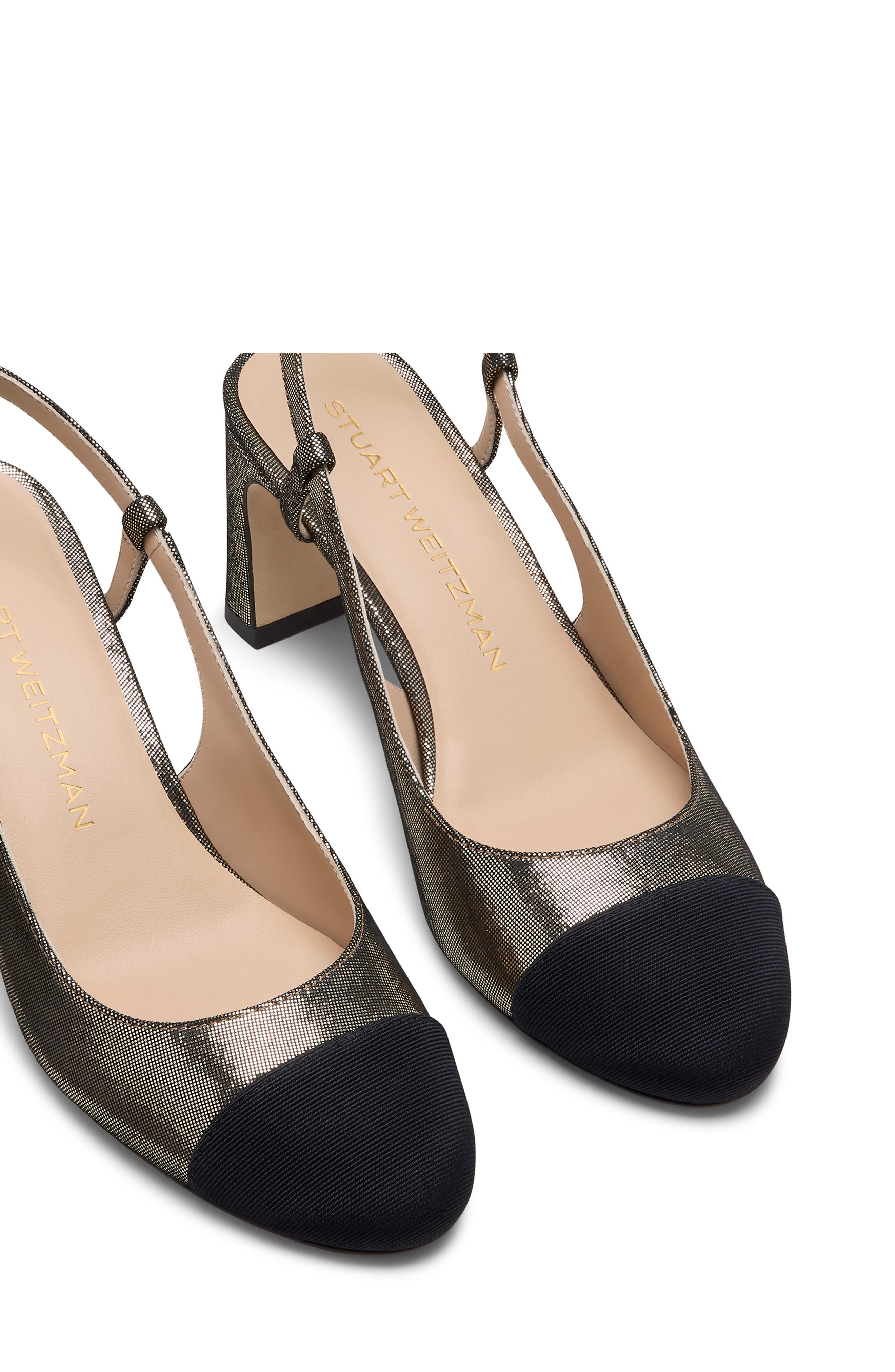 Stuart Weitzman Babette Cap Toe Slingback 60 Pump, Alternate, color, Platino/ Black