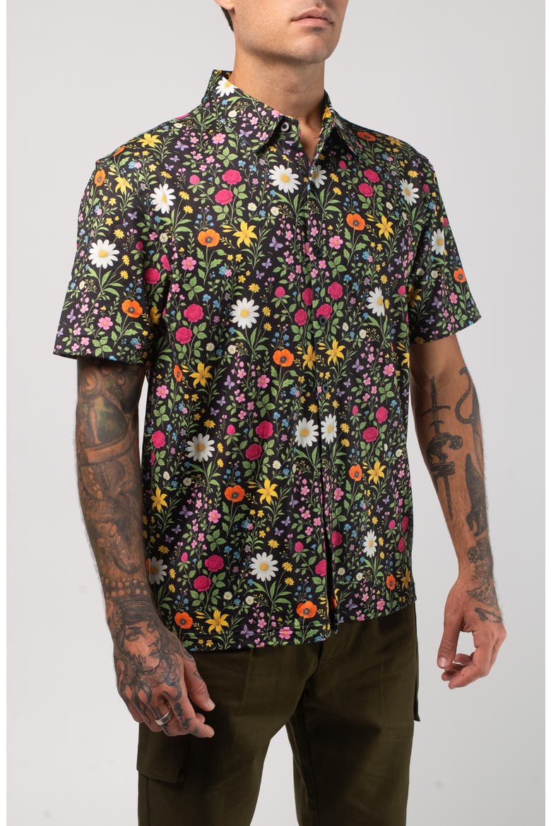 Aqua Terra Scritti Politti Floral Tech Short Sleeve Performance Button-Up Shirt, Alternate, color, BLACK MULTI