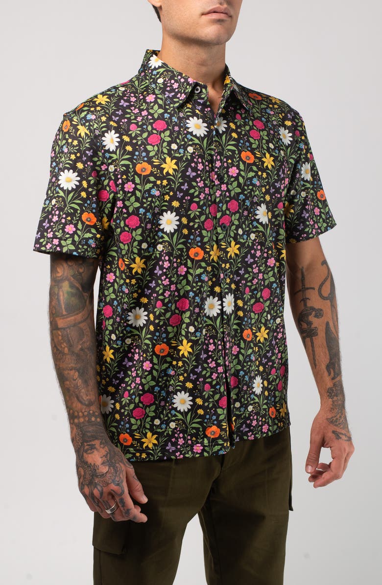 VAST Aqua Terra Scritti Politti Floral Tech Short Sleeve Performance Button-Up Shirt, Alternate, color, Black Multi