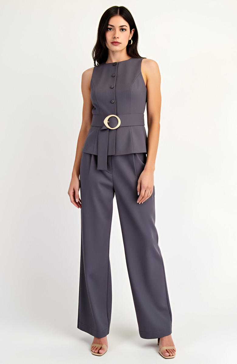 Modenaire Sleeveless Tailored Top with Covered Buttons and Statement Belt, Alternate, color, 