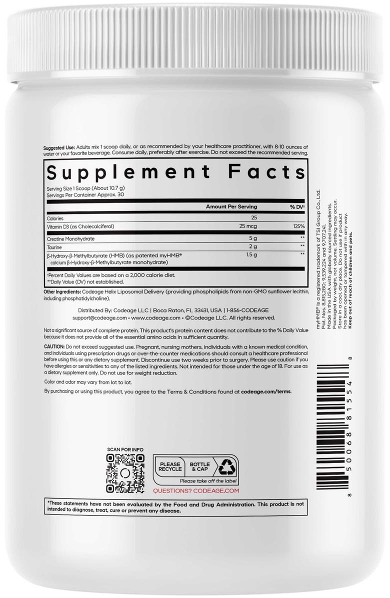 Codeage Creatine HMB+, Taurine, myHMB, Vitamin D3 Supplement, Alternate, color, White