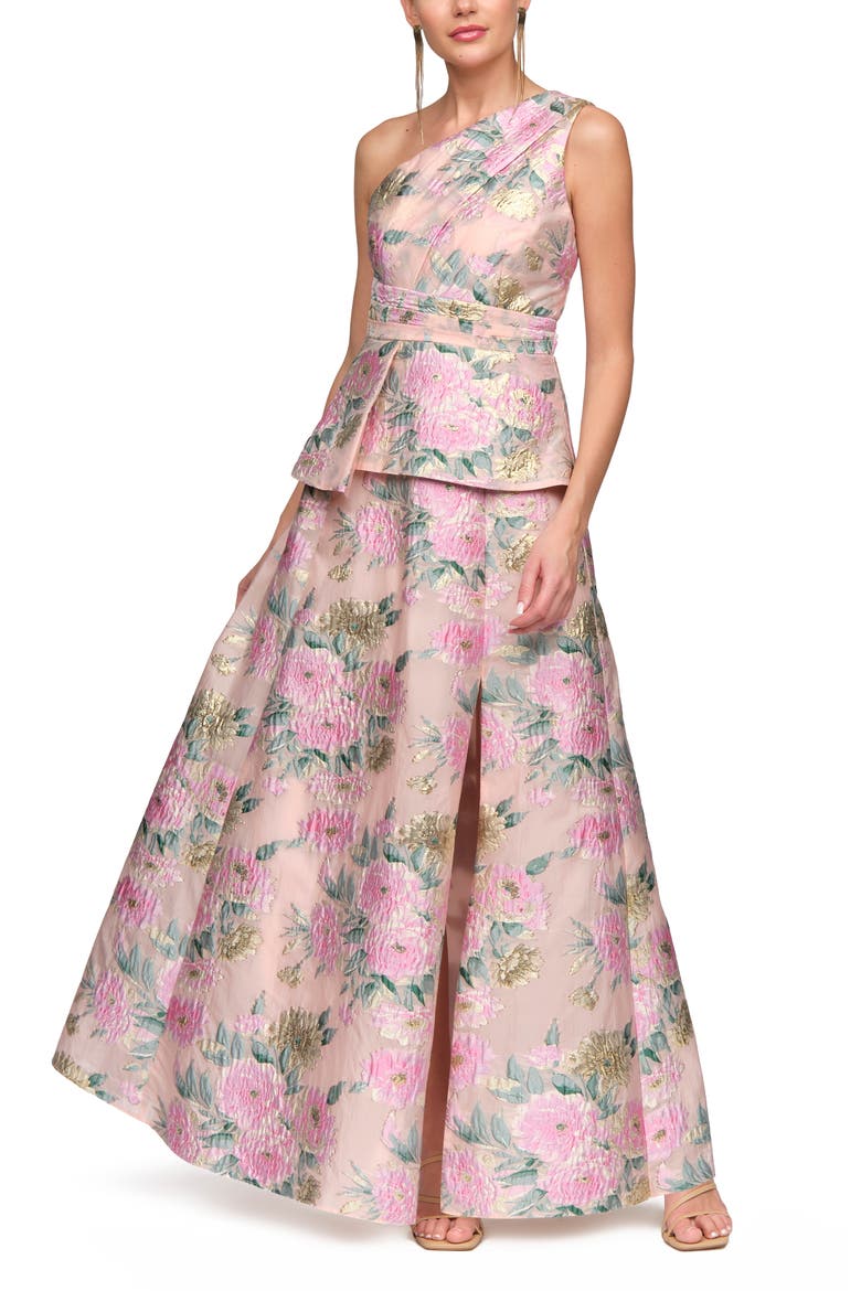 Mia One Shoulder Floral Metallic Jacquard Peplum Gown, Alternate, color, BLUSH MULTI