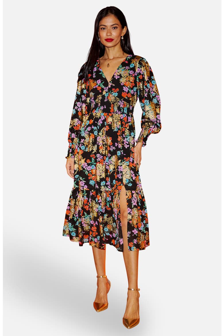 Floral And Foil Ruched Midi Dress, Main, color, Black