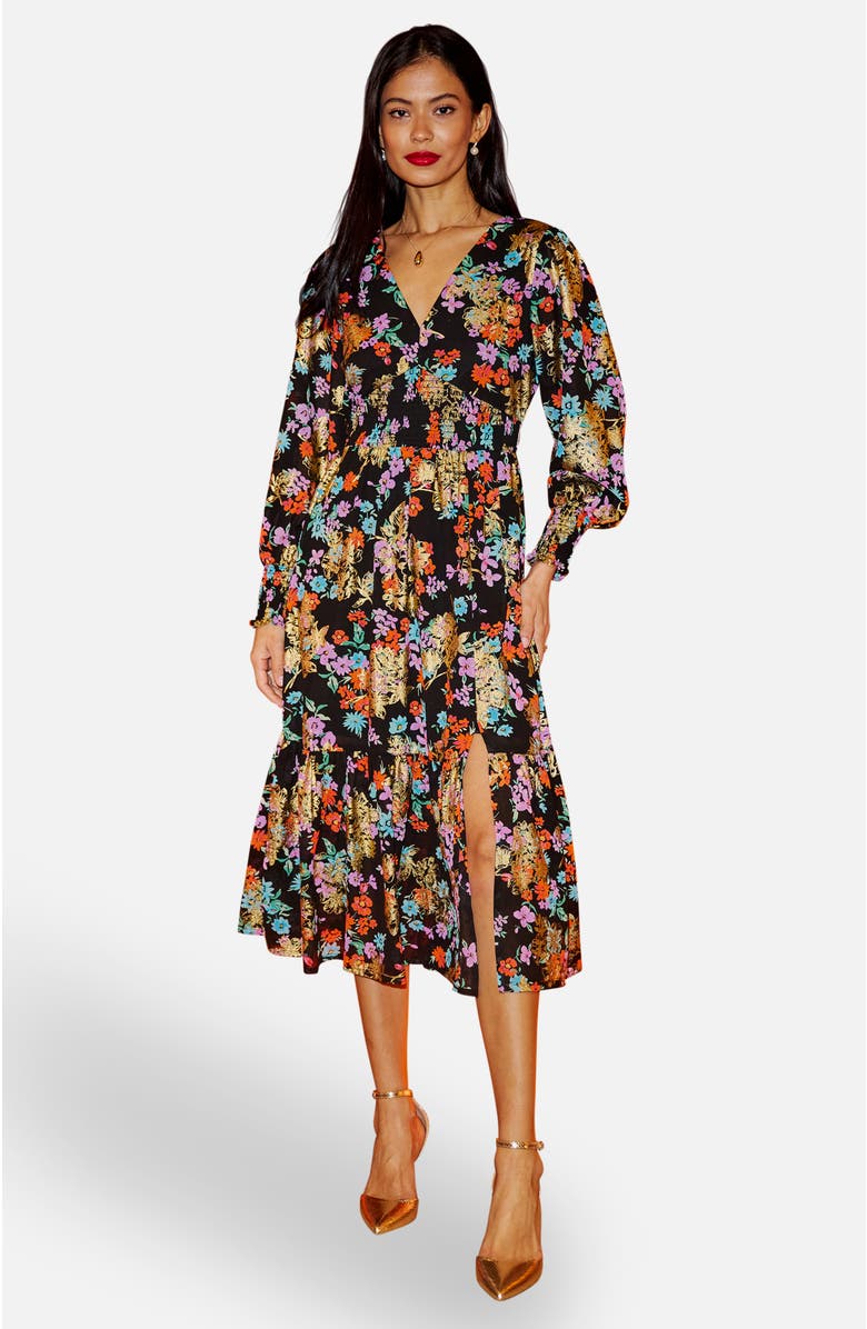 Yumi Floral And Foil Ruched Midi Dress, Main, color, Black