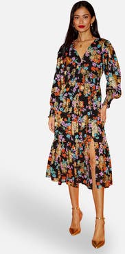 Yumi Floral And Foil Ruched Midi Dress