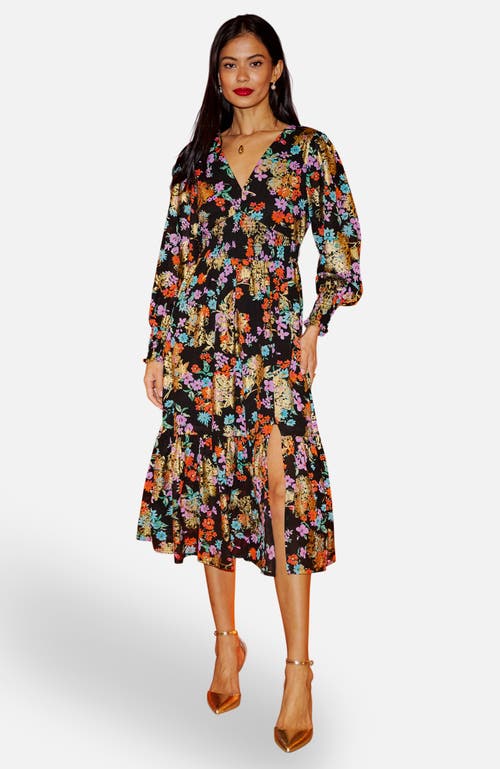 Yumi Floral And Foil Ruched Midi Dress In Black