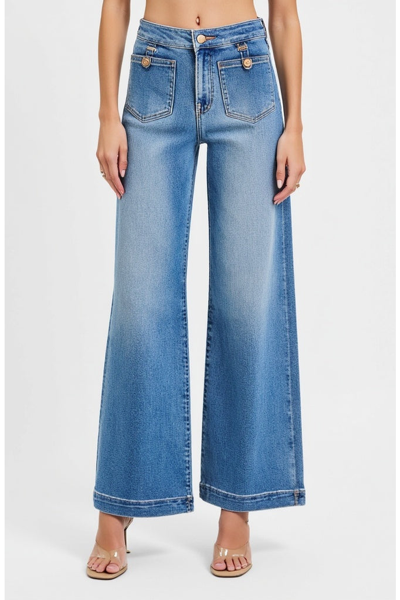 High Waist Wide-Leg Jeans with Buttoned Patch Pockets and Rolled Hem, Alternate, color, Light Blue