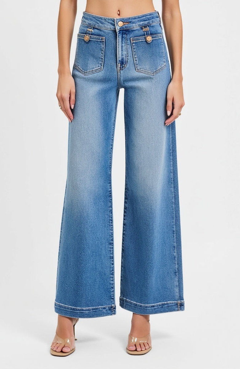 Modenaire High Waist Wide-Leg Jeans with Buttoned Patch Pockets and Rolled Hem, Alternate, color, Light Blue