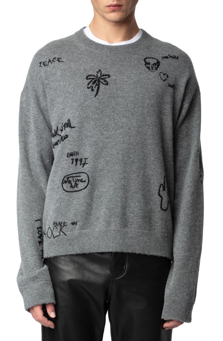 Zadig & Voltaire Marco Embroidered Detail Merino Wool & Cashmere Sweater, Main, color, 