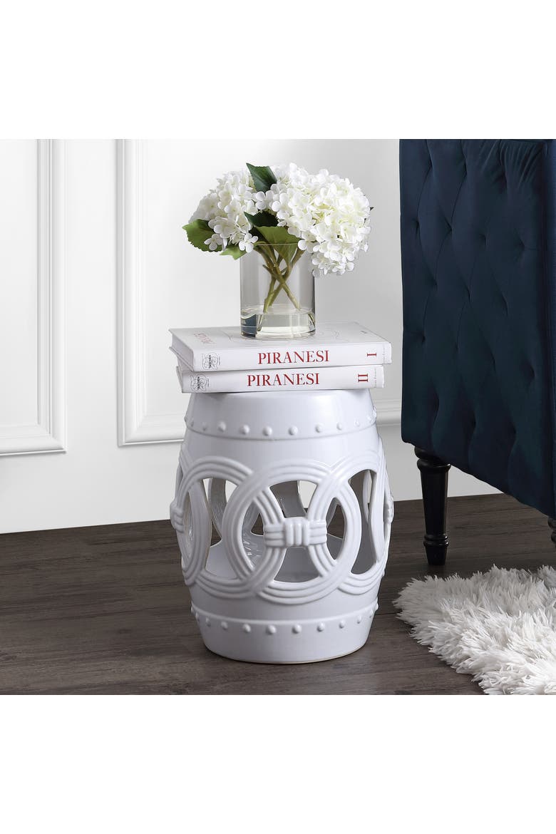 Lucky Coins Contemporary Ceramic Cutout Interlocking Rings Drum Garden Stool, Indoor & Outdoor Accent Side Table, Seat, Alternate, color, White
