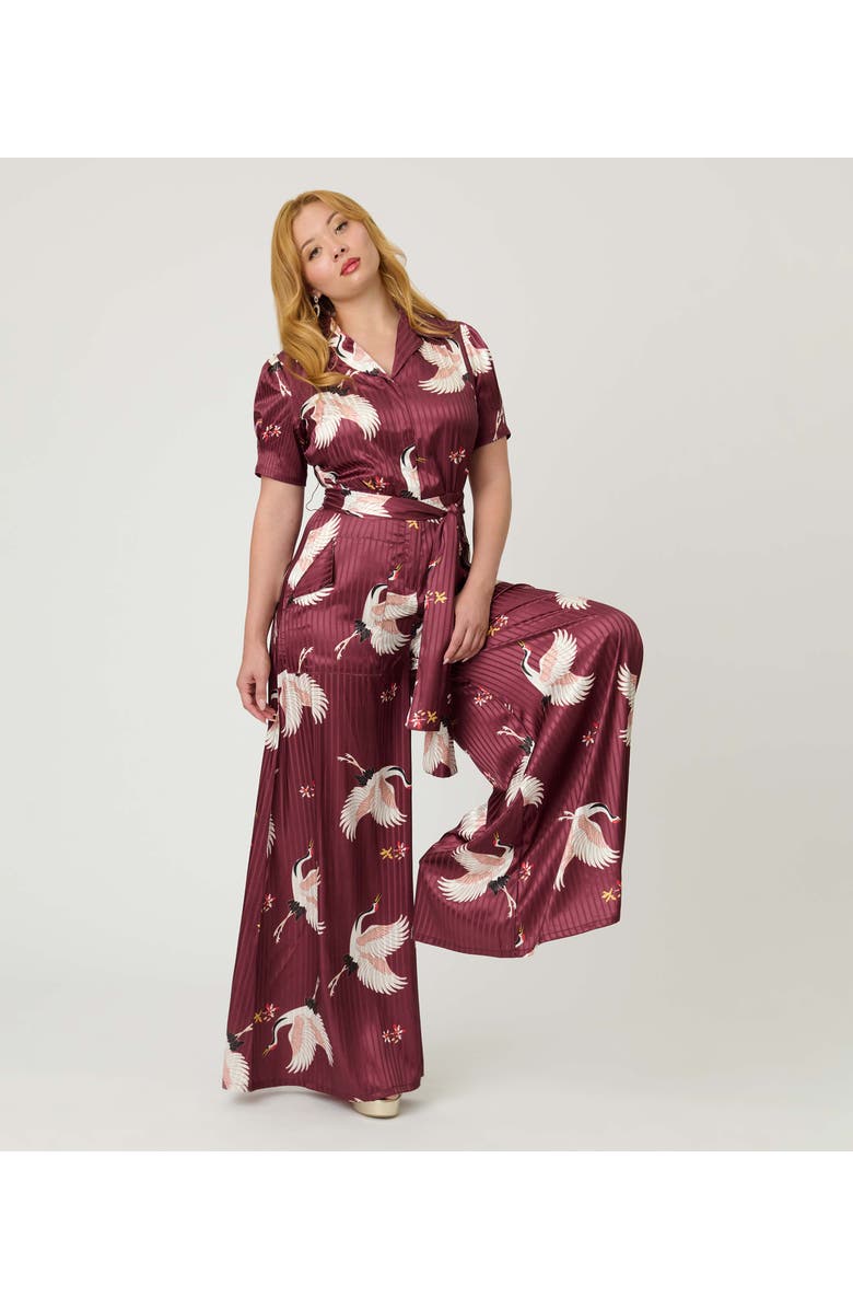 Unique Vintage 1940s Flare Leg Jumpsuit, Main, color, Burgundy Crane Print