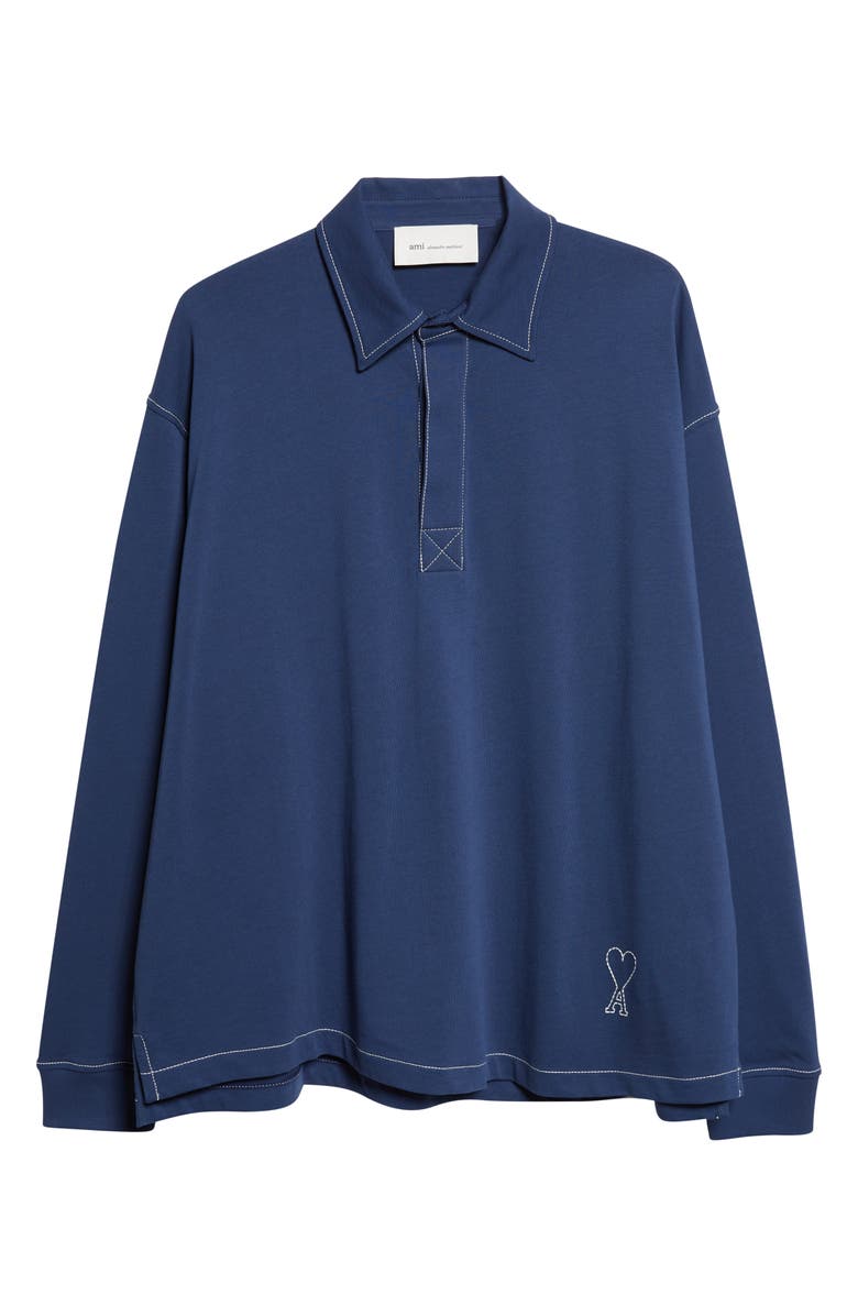 AMI PARIS Oversize Long Sleeve Polo, Main, color, Encre