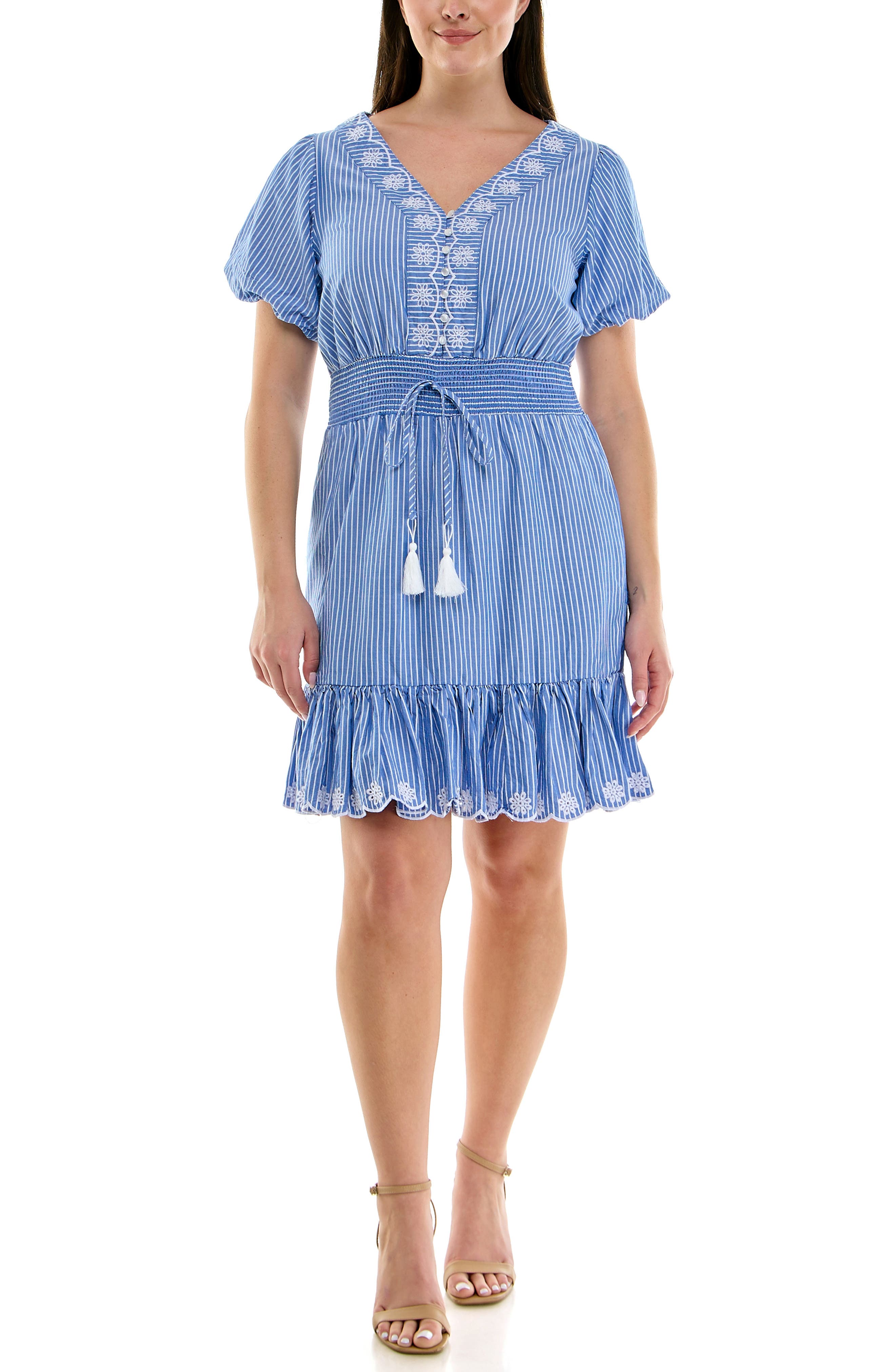 Embroidered Eyelet Puff Sleeve Cotton Dress