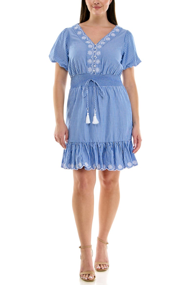 Embroidered Eyelet Puff Sleeve Cotton Dress, Main, color, BLUE/WHITE STRIPE