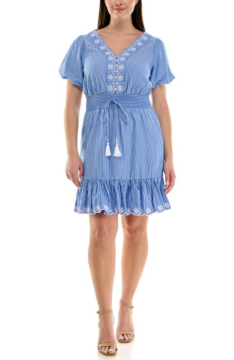 Embroidered Eyelet Puff Sleeve Cotton Dress