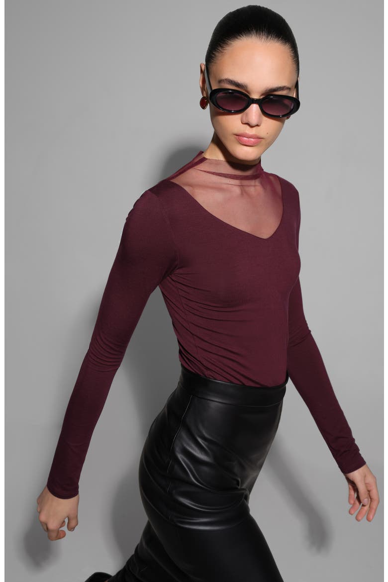 Saige Mesh Yoke Mock Neck Top, Alternate, color, BURGUNDY